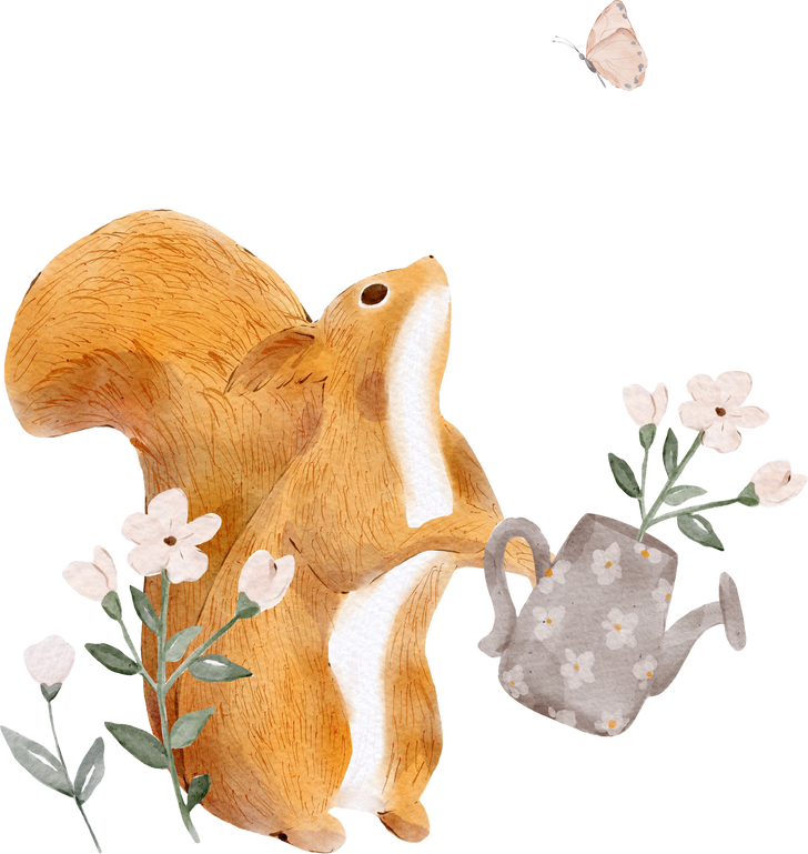 Watercolor cute squirrel with wildflowers